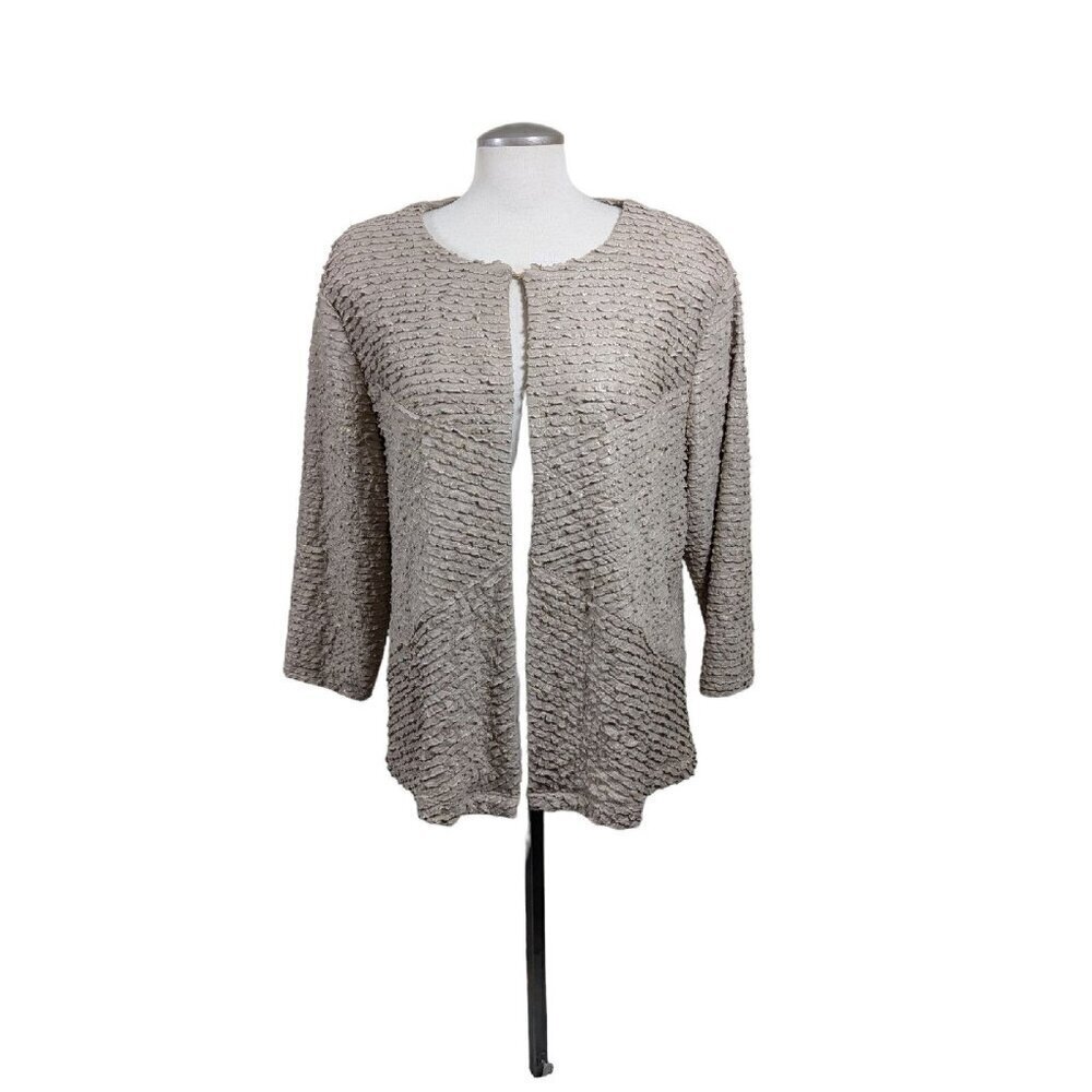 Chicos Travelers 3 Womens Cardigan Jacket XL Beige Metallic Gold Ruffled Stretch